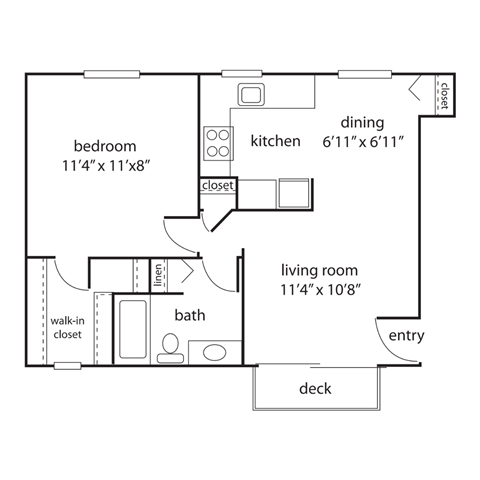 A floor plan of a small apartment with a bedroom, living room, kitchen, and bath.